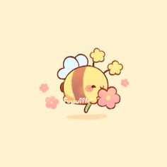 a cute little bee holding a flower in it's mouth, with the words honey on