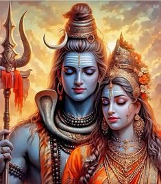 two people dressed as hindu deities in front of a sky with clouds and sun behind them