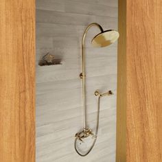 a shower head and hand held shower faucet in a wood paneled bathroom