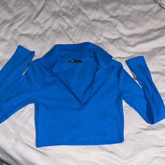 Zara Women's Blue V Neck Long Sleeve Crop-Top - Size M Never Worn :) I Also Have An Identical One In White Listed On My Profile! Zara Collared Top, Spring Blue Collared Top, Zara Blue V-neck Top, Trendy Light Blue Zara Tops, Zara Light Blue Collared Top, Zara Light Blue Tops For Fall, Trendy Blue Zara Tops, Blue Zara Collared Top, Blue Stretch Tops By Zara