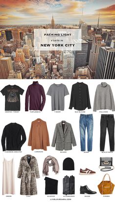 the new york city skyline is shown with all its clothes and accessories in front of it