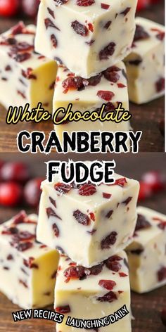 white chocolate cranberry fudge is stacked on top of each other