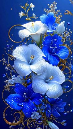 blue and white flowers with gold accents on a blue background