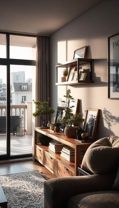 a living room filled with furniture next to a large glass door leading to a balcony