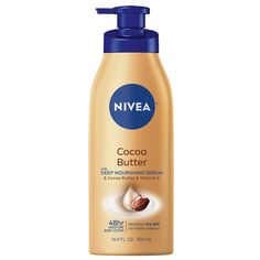 Reveal soft, radiant looking skin with NIVEA Cocoa Butter Body Lotion. This daily body lotion for dry skin nourishes dry skin for visible radiance and provides 48 hour deep nourishing moisture. The NIVEA cocoa butter lotion is infused with Deep Nourishing Serum, Cocoa Butter and Vitamin E for healthy looking skin and lovely cocoa butter scent. The dry skin lotion smoothes away dullness after just one application. NIVEA lotion with cocoa butter is a key part of a skincare routine and pairs well w Nivea Cocoa Butter, Lotion Cocoa Butter, Cocoa Butter Body Lotion, Nivea Cream, Cocoa Butter Lotion, Body Lotion For Dry Skin, Scented Lotion