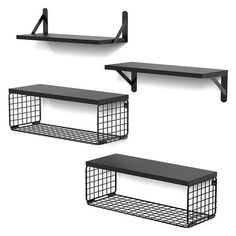 three black shelves with wire baskets on them