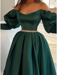 A-Line Evening Gown Elegant Dress Formal Tea Length Christmas Red Green Dress Long Sleeve Off Shoulder Satin with Pleats Crystals Elegant A-line Christmas Dress, A-line Dress For Christmas Banquet, Elegant Satin Christmas Dress, Green Evening Dress For Christmas, Green Long Sleeve Dress For Holiday, Holiday Green Long Sleeve Dresses, Green Long Sleeve Holiday Dress, Elegant Christmas Satin Dress, Elegant Christmas Banquet Dress