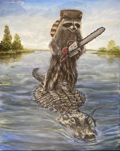 a painting of a raccoon with a chainsaw on its back in the water