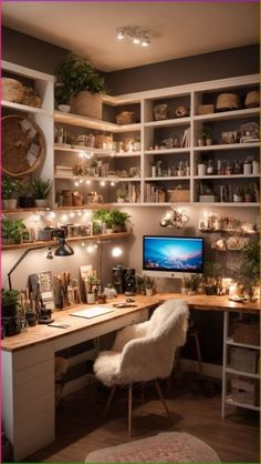 a home office with lots of shelves and lights