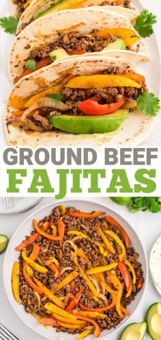 ground beef fajitas with peppers and avocado on the side in white plates