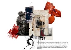 an abstract collage with red, black and white images