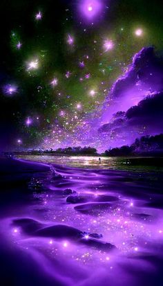 the sky is filled with stars and clouds as if they were floating in water or on land