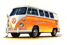 an orange and white vw bus is parked