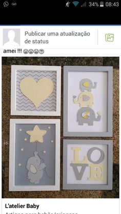 three framed pictures with the words love and an elephant in yellow, grey and white