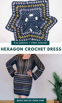 a woman wearing a crochet dress with the words hexagon crochet dress