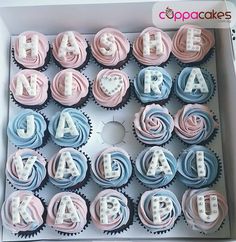 cupcakes in a box with letters and numbers on them