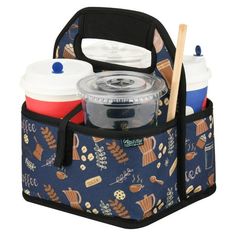 a lunch bag with two cups and spoons in it