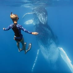 a woman is diving next to a large whale in the blue water with her arms outstretched