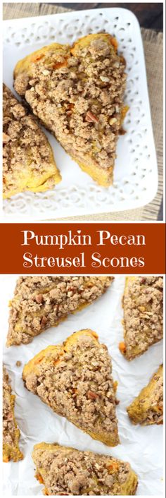 pumpkin pecan streusal scones on a white plate with text overlay