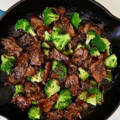 beef and broccoli stir fry in a skillet