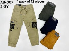 three pairs of children's pants are shown with the price label below them,