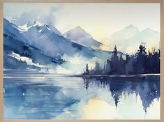 a watercolor painting of mountains and trees in the distance with blue sky reflected on the water