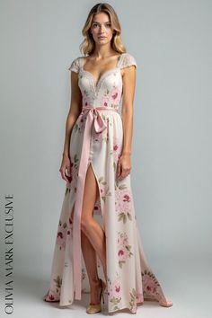 Olivia Mark - Elegant Floral Print Gown with Lace and Satin Accents - A Timeless Silhouette Fitted White Floral Print Gown, Beige Floral Print Maxi Dress For Wedding, Floral Print Fitted Wedding Gown, Floral Print Gowns, Satin Belt, Wrap Maxi Dress, Pink Floral Pattern, Exclusive Dress, Gentle Touch