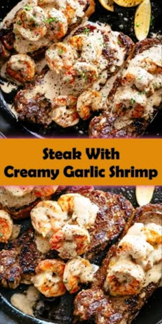 steak with creamy garlic shrimp in a skillet