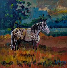 a painting of a horse standing in a field