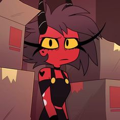 an animated image of a woman with horns on her head standing in front of boxes