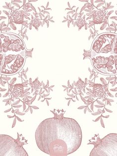 an artistic drawing of pomegranates and leaves on a white background with pink ink