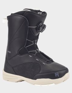 the snowboard boots are black and have white soles on them, with two straps attached