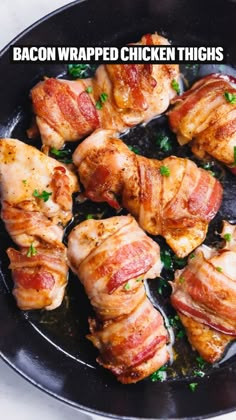 bacon wrapped chicken in a skillet with parsley on the side for garnish