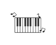 a piano keyboard with musical notes on the top, and a music note above it