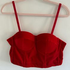 Red Bustier With Detachable Straps Size L Adjustable Back Hooks Adjustable Straps Nwot Red Crop Top With Built-in Bra For Party, Red Strapless Fitted Crop Top, Red Fitted Strapless Crop Top, Red Fitted Bandeau Crop Top, Fitted Red Bandeau Crop Top, Fitted Red Bra For Summer, Red Crop Top With Built-in Bra For Night Out, Red Strapless Tops With Built-in Bra, Fitted Red Crop Top With Straps