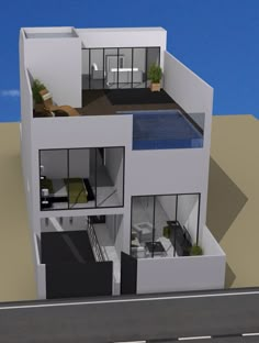 an artist's rendering of a modern house with pool and living room on the second floor