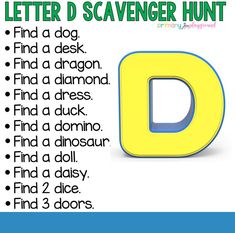 the letter d scavenger hunt is shown in blue and yellow with green lettering