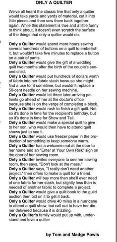 an article about quilting with the words,'only a quilter'in black and