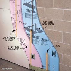 the wall is being built with different types of insulations and measurements for each section