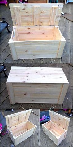 the steps to make an outdoor bench out of pallet wood are shown in three different stages