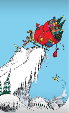 the santa claus sleigh is flying through the sky over a snowy mountain with a christmas tree on top