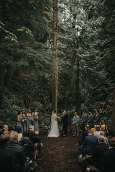 a couple getting married in the woods at their wedding ceremony, surrounded by people sitting and standing around