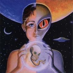 a painting of a woman holding an alien in front of her face and the moon behind her