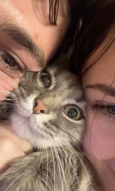 a close up of a person holding a cat in front of their face and looking at the camera