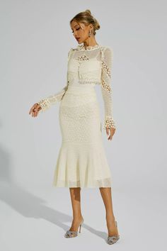 Elegant Two-piece Dress With Ruffles For Spring, Elegant Lace Work Party Set, Elegant Party Sets With Lace Work, Cream Lace Fitted Sets, Fitted Cream Lace Sets, Chic Two-piece Wedding Dress, Chic Two-piece Dress For Wedding, Elegant White Two-piece Dress, Formal Fitted Lace Sets