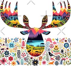 an image of a deer with colorful flowers and trees on it's antlers