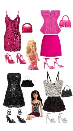 barbie doll clothes and accessories are shown in this image