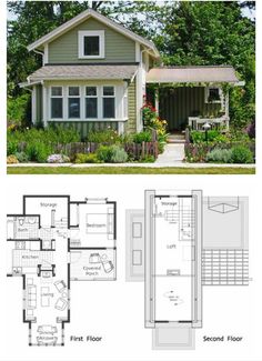 the floor plan for a small house with two levels and an attached porch, is shown in