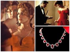 the necklace is being displayed in three different pictures, including two women and one man