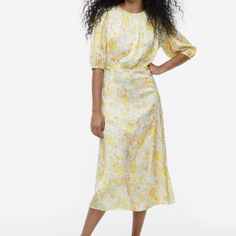 H&M Floral Midi Dress Pastel Yellow/Green/Blush/Oyster Size M Bnwt H&m Midi Length Dress For Day Out, H&m Midi Dress For Day Out, H&m Midi Dress For Brunch, H&m Midi Dress For Spring, H&m Midi Length Dress For Brunch, Feminine Yellow Midi Dress For Day Out, H&m Midi Dress For Daywear, Spring Yellow Midi Dress With Lemon Print, Knee-length Summer Dresses By H&m